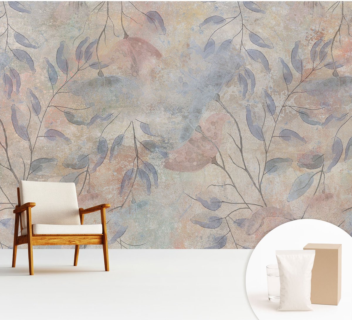 Wallfluent Fotobehang - Grijs Vliesbehang - 312x219 cm - Abstracte Bladeren Fotobehang Vlies - Hal behang Bloemen En Planten - Muurschildering - Hal behang