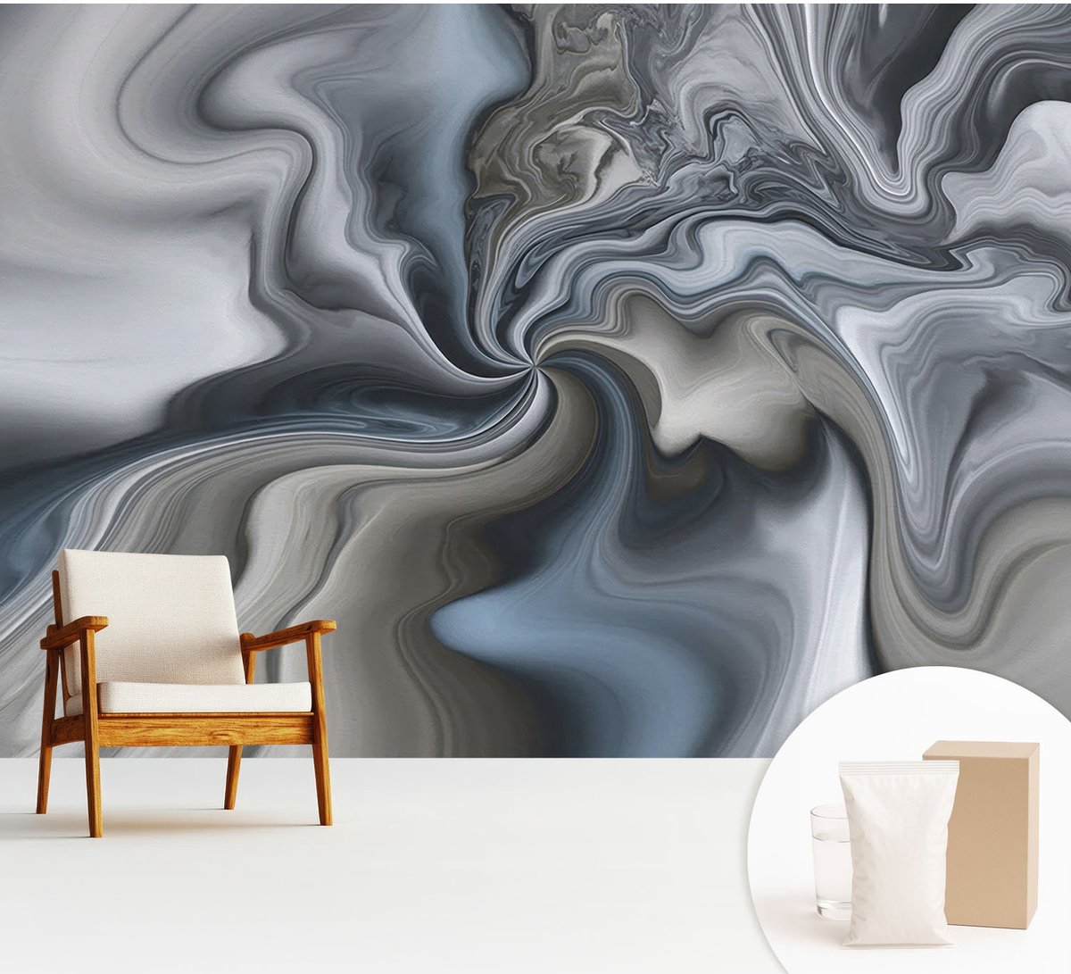 Wallfluent Fotobehang - Grijs Vliesbehang - 312x219 cm - Wervelende Wolken Muurschildering - Gang behang Abstractie - Fotobehang Vlies - Slaapkamer behang