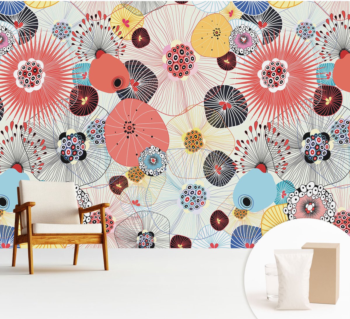Wallfluent Fotobehang - Rood Vliesbehang - 312x219 cm - Kleurrijke Bloemen Muurschildering - Slaapkamer behang Abstractie - Fotobehang Vlies - Slaapkamer behang