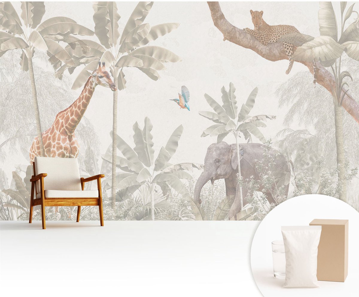 Wallfluent Fotobehang - Wit Vliesbehang - 416x254 cm - Tropische Oase Fotobehang Vlies - Hal behang Dieren - Muurschildering - Hal behang