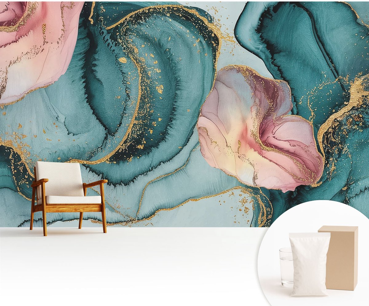 Wallfluent Fotobehang - Blauw Vliesbehang - 416x254 cm - Artistieke Golven Muurschildering - Slaapkamer behang Abstractie - Fotobehang Vlies - Slaapkamer behang
