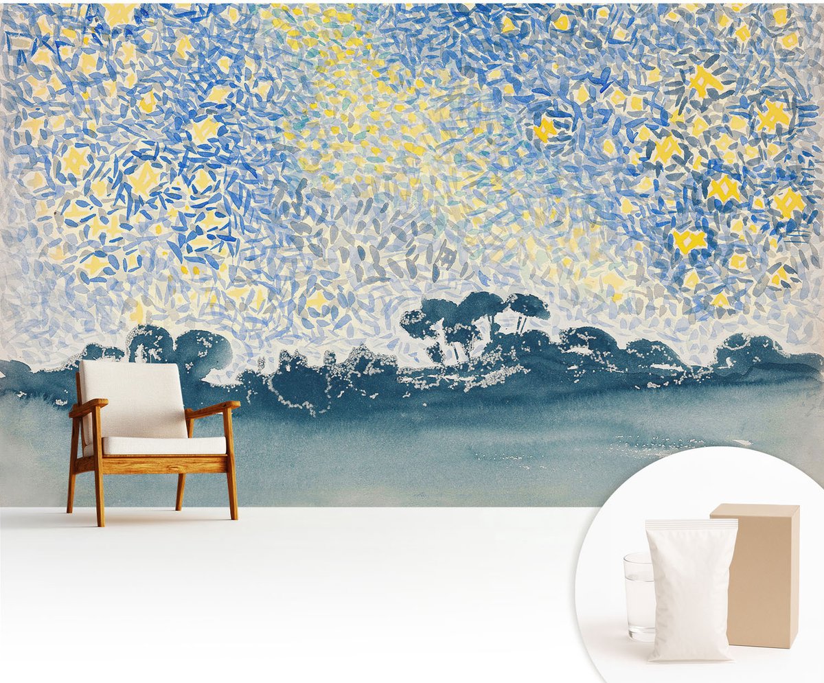 Wallfluent Fotobehang - Blauw Vliesbehang - 416x254 cm - Sterabstractie Fotobehang Vlies - Woonkamer behang Landschappen - Muurschildering - Hal behang
