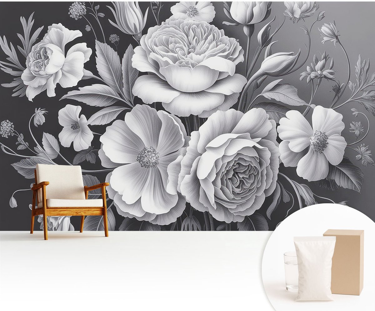 Wallfluent Fotobehang - Zwart Vliesbehang - 416x254 cm - Grijze Bloemen Fotobehang Vlies - Hal behang Bloemen En Planten - Muurschildering - Hal behang