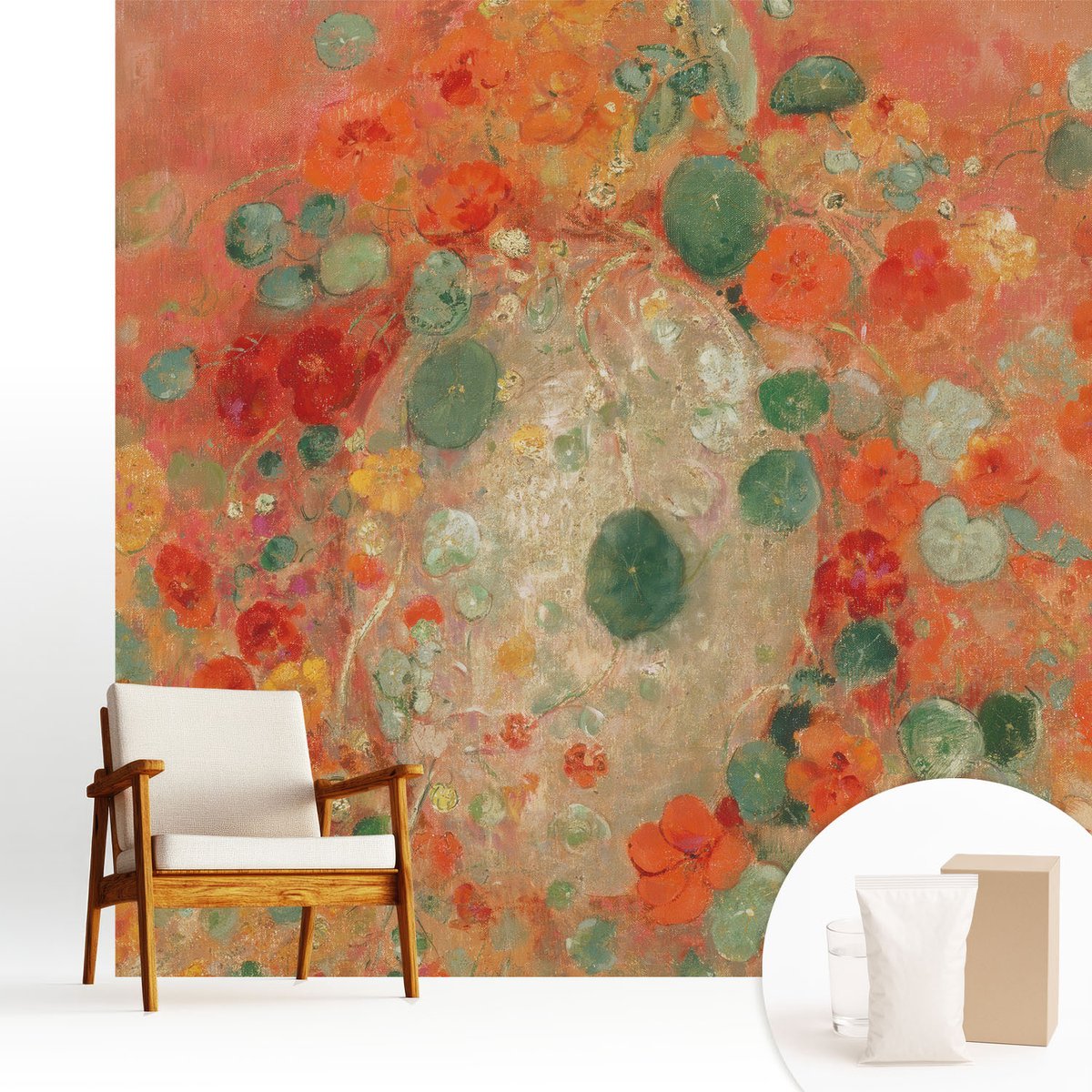Wallfluent Fotobehang - Oranje Vliesbehang - 250x250 cm - Abstracte Bloemen Muurschildering - Slaapkamer behang Bloemen En Planten - Fotobehang Vlies - Slaapkamer behang