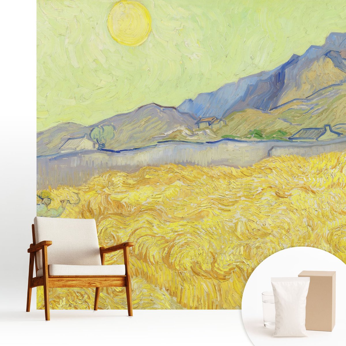 Wallfluent Fotobehang - Geel Vliesbehang - 250x250 cm - Tarweveld Fotobehang Vlies - Woonkamer behang Landschappen - Muurschildering - Hal behang
