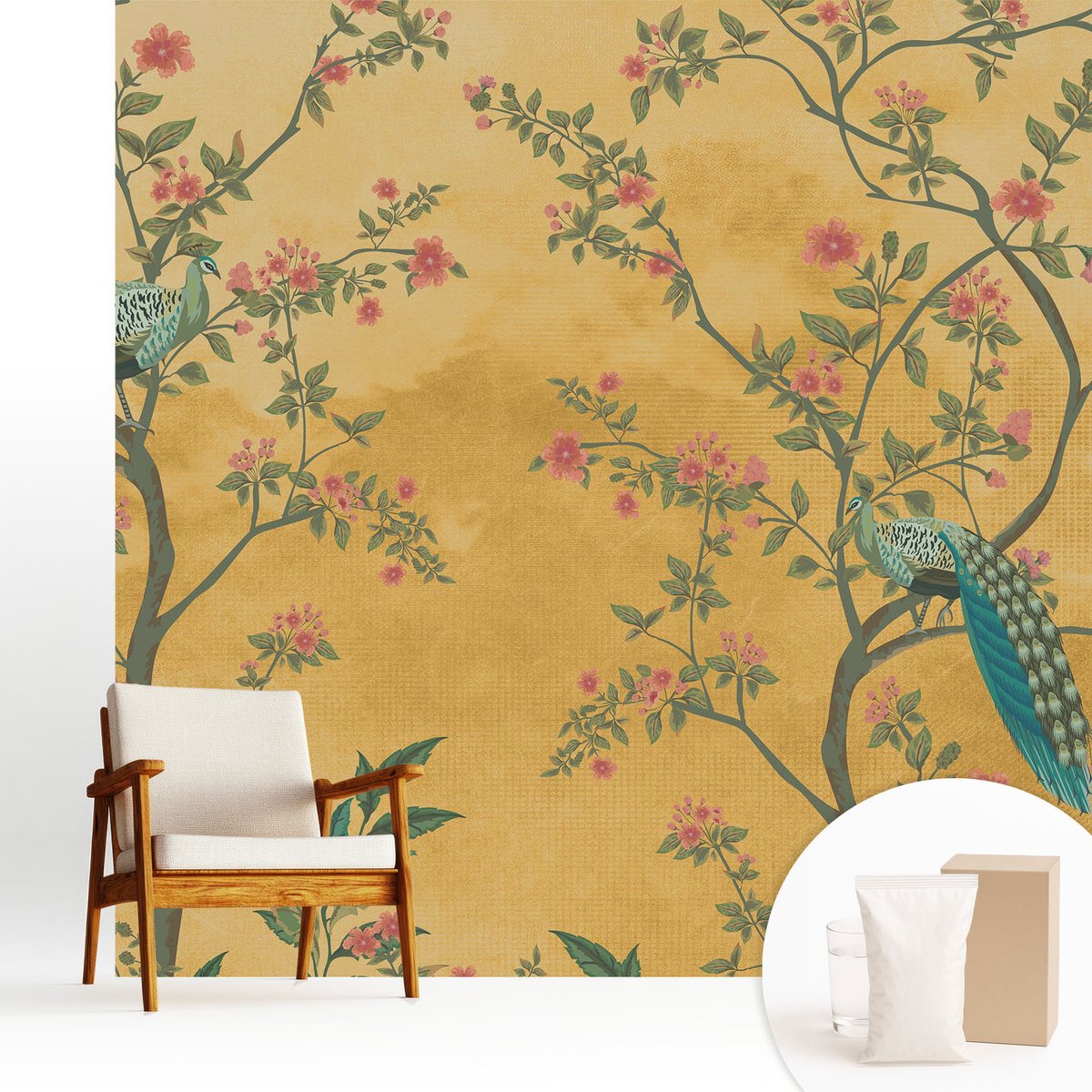 Wallfluent Fotobehang - Geel Vliesbehang - 250x250 cm - Pauwenbomen Muurschildering - Gang behang Bloemen En Planten - Fotobehang Vlies - Gang behang