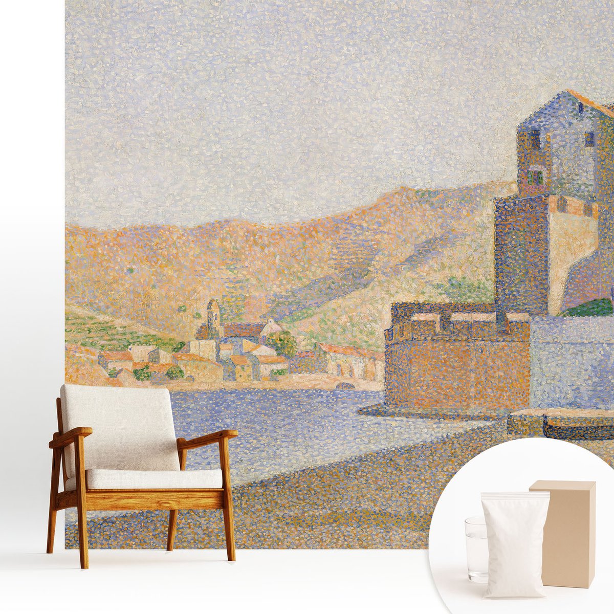 Wallfluent Fotobehang - Oranje Vliesbehang - 250x250 cm - Zomerhaven Fotobehang Vlies - Woonkamer behang Landschappen - Muurschildering - Woonkamer behang