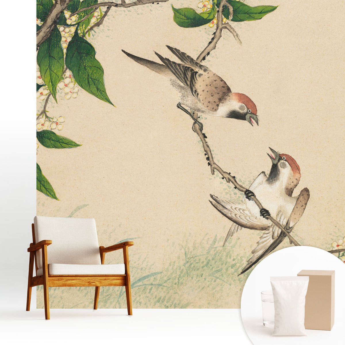 Wallfluent Fotobehang - Beige Vliesbehang - 250x250 cm - Klassiek Duo Fotobehang Vlies - Hal behang Dieren - Muurschildering - Woonkamer behang