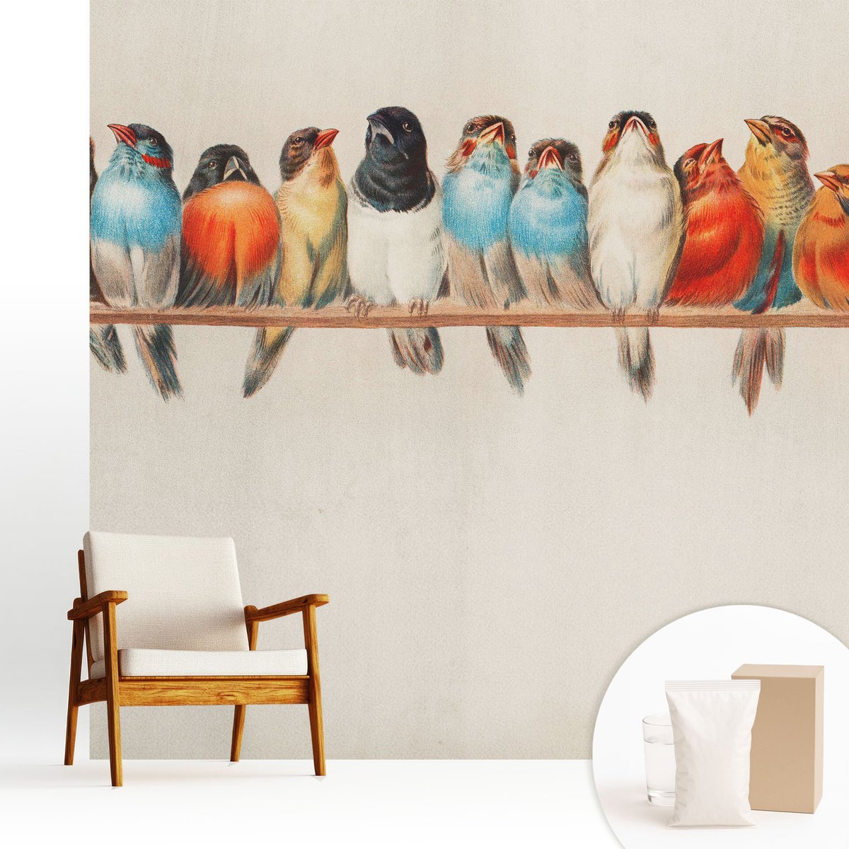 Wallfluent Fotobehang - Blauw Vliesbehang - 250x250 cm - Vogels Op Een Tak Fotobehang Vlies - Hal behang Dieren - Muurschildering - Woonkamer behang