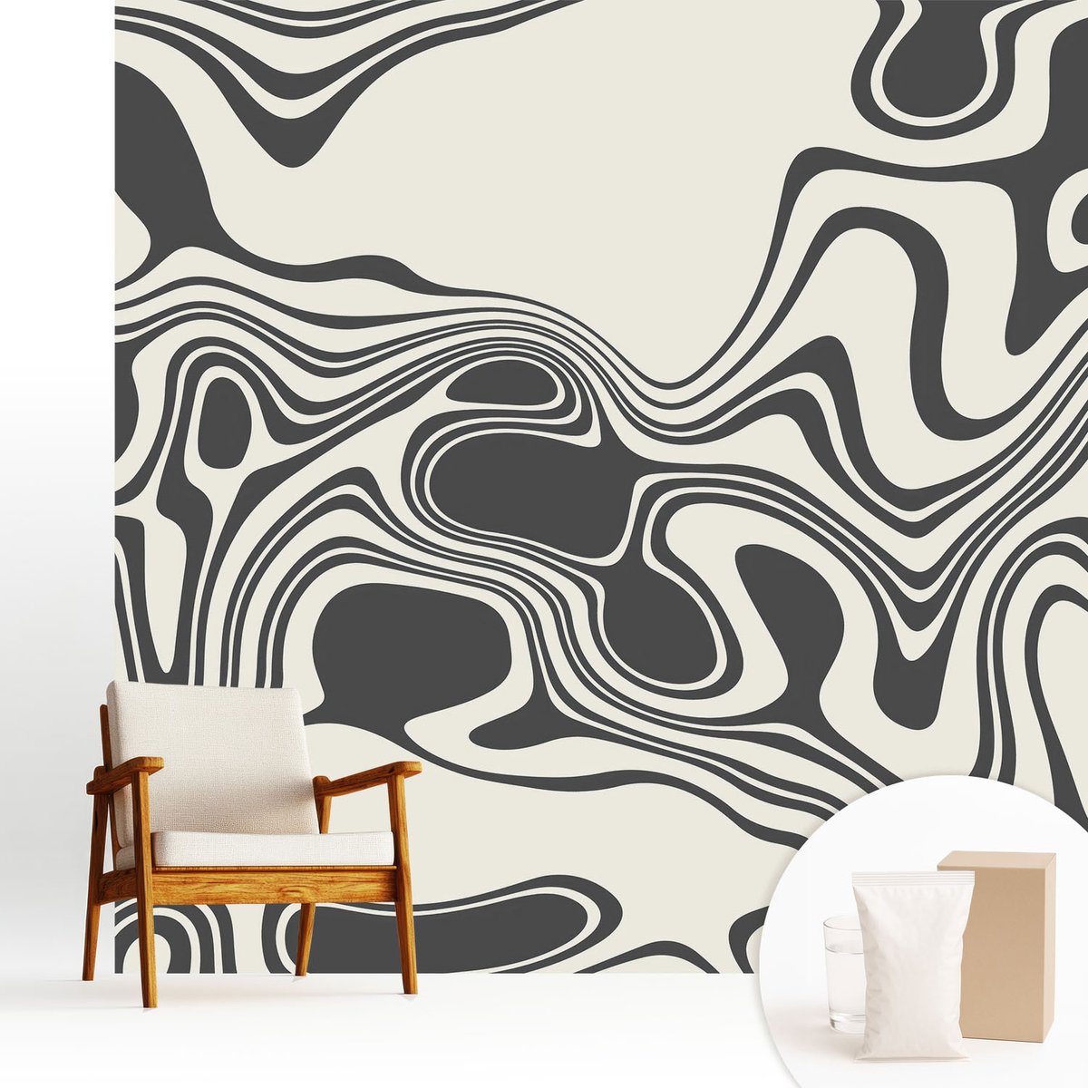 Wallfluent Fotobehang - Zwart-Wit Vliesbehang - 250x250 cm - Dynamische Lijnen Fotobehang Vlies - Woonkamer behang Abstractie - Muurschildering - Hal behang