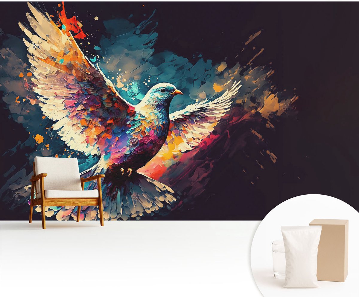 Wallfluent Fotobehang - Blauw Vliesbehang - 416x254 cm - Kleurrijke Vogel Fotobehang Vlies - Hal behang Abstractie - Muurschildering - Woonkamer behang
