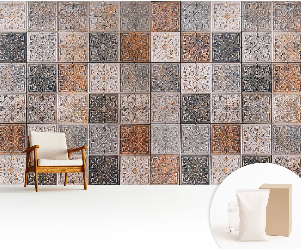 Wallfluent Fotobehang - Grijs Vliesbehang - 416x254 cm - Siertegels Muurschildering - Slaapkamer behang Achtergronden En Patronen - Fotobehang Vlies - Gang behang