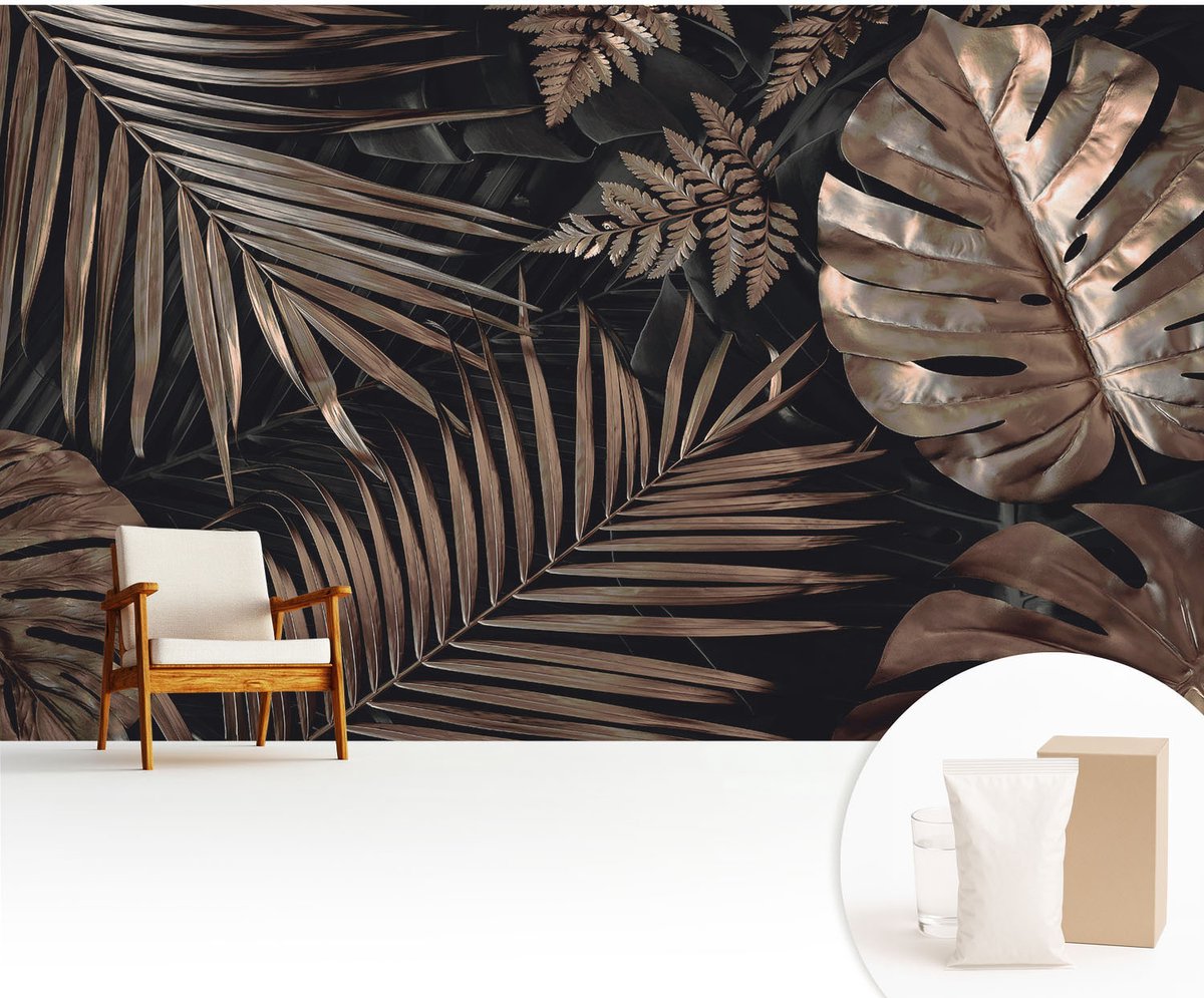 Wallfluent Fotobehang - Zwart Vliesbehang - 416x254 cm - Exotische Bladeren Muurschildering - Gang behang Bloemen En Planten - Fotobehang Vlies - Slaapkamer behang