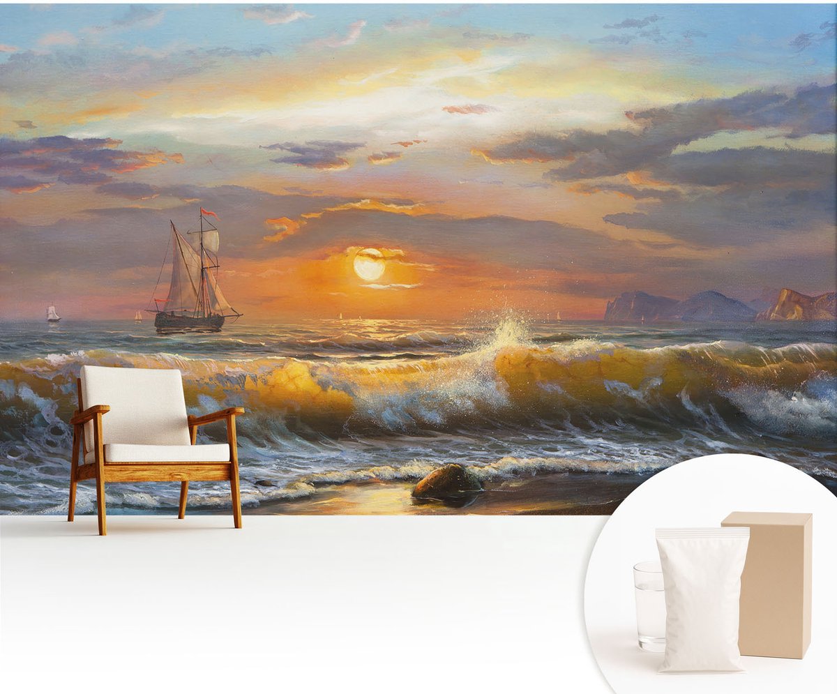 Wallfluent Fotobehang - Blauw Vliesbehang - 416x254 cm - Zeepanorama Fotobehang Vlies - Woonkamer behang Landschappen - Muurschildering - Hal behang