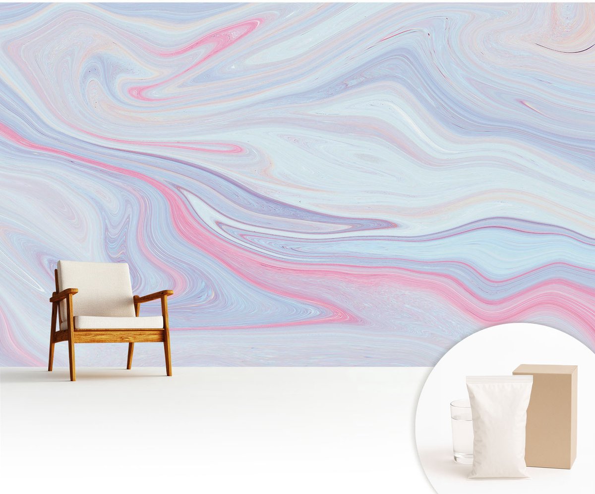 Wallfluent Fotobehang - Blauw Vliesbehang - 416x254 cm - Pastelkleurige Werveling Muurschildering - Slaapkamer behang Abstractie - Fotobehang Vlies - Slaapkamer behang