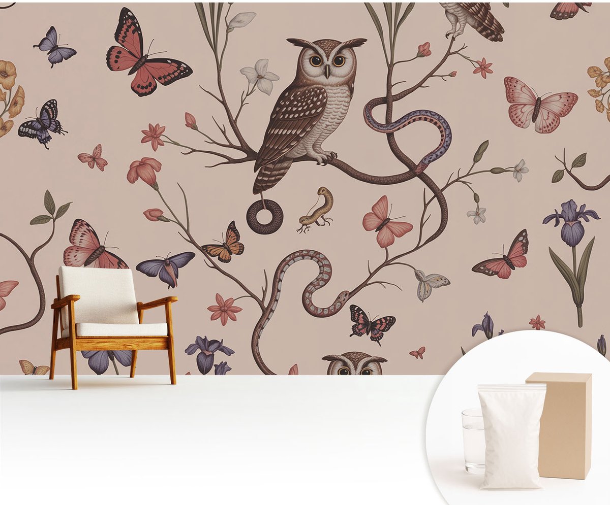 Wallfluent Fotobehang - Beige Vliesbehang - 416x254 cm - Uil Natuur Fotobehang Vlies - Woonkamer behang Bloemen En Planten - Muurschildering - Woonkamer behang