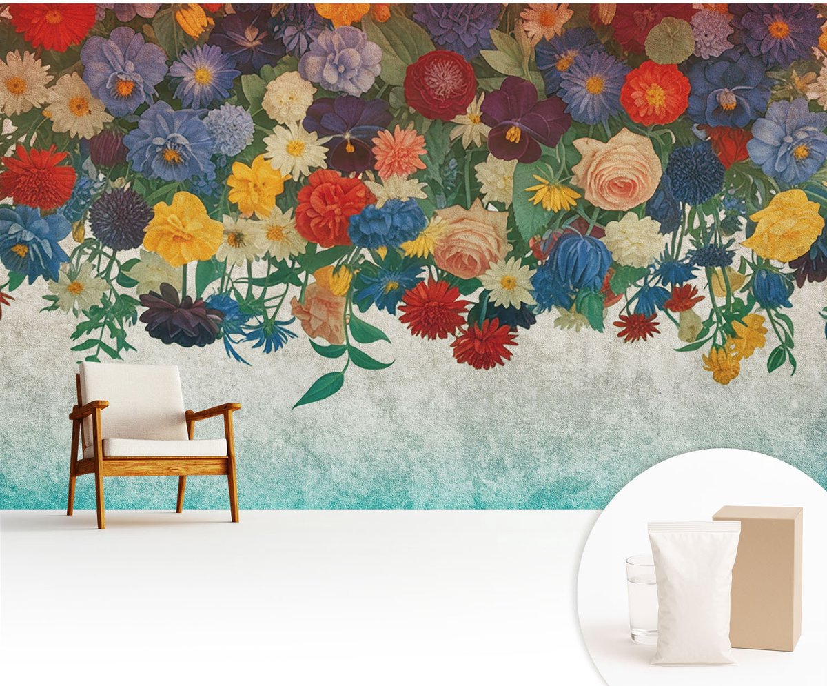 Wallfluent Fotobehang - Zwart Vliesbehang - 416x254 cm - Kleurrijke Bloemen Muurschildering - Slaapkamer behang Bloemen En Planten - Fotobehang Vlies - Slaapkamer behang
