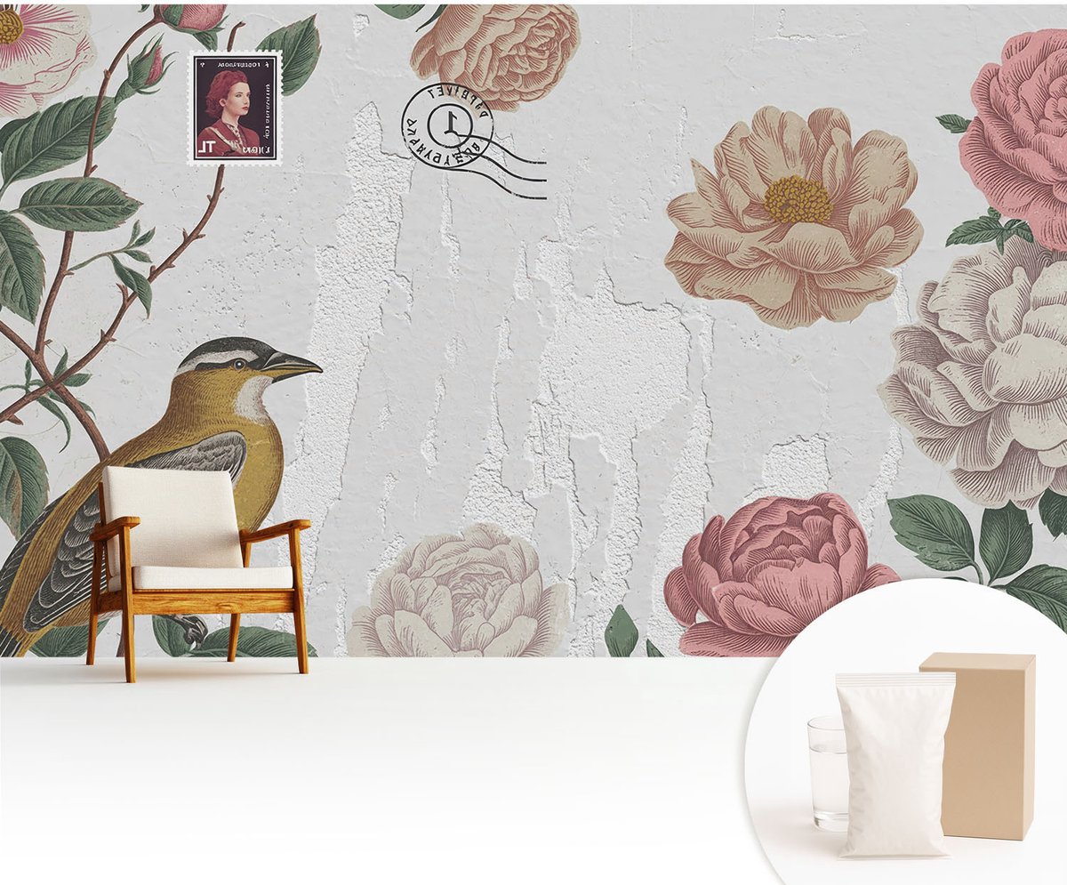Wallfluent Fotobehang - Wit Vliesbehang - 416x254 cm - Vintage Bloemen Fotobehang Vlies - Hal behang Bloemen En Planten - Muurschildering - Woonkamer behang