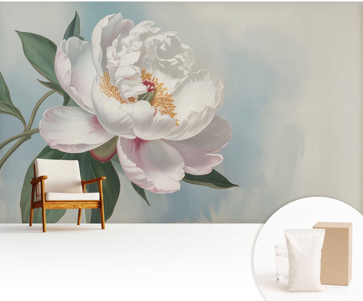 Wallfluent Fotobehang - Wit Vliesbehang - 416x254 cm - Prachtige Pioenroos Fotobehang Vlies - Hal behang Bloemen En Planten - Muurschildering - Woonkamer behang