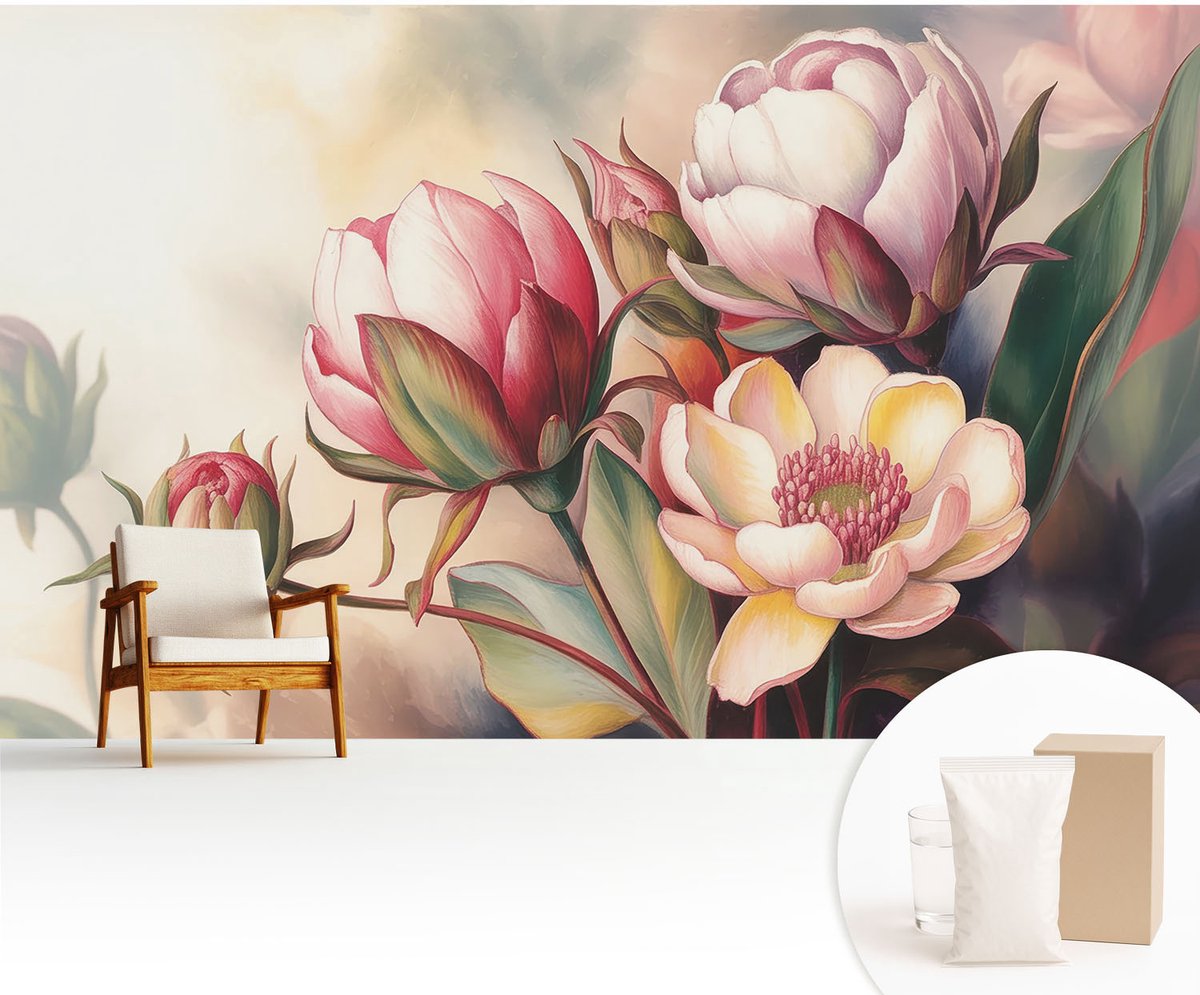 Wallfluent Fotobehang - Wit Vliesbehang - 416x254 cm - Een Boeket Bloemen Fotobehang Vlies - Hal behang Bloemen En Planten - Muurschildering - Woonkamer behang