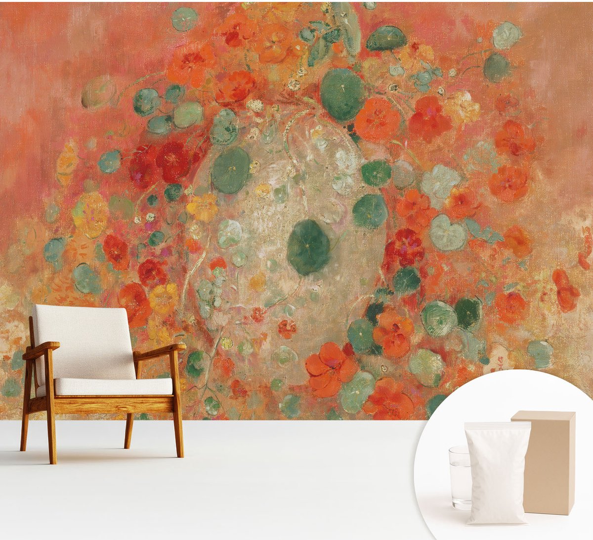 Wallfluent Fotobehang - Oranje Vliesbehang - 312x219 cm - Abstracte Bloemen Muurschildering - Gang behang Bloemen En Planten - Fotobehang Vlies - Slaapkamer behang
