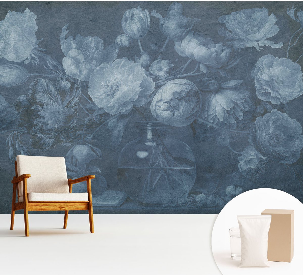 Wallfluent Fotobehang - Blauw Vliesbehang - 312x219 cm - Bloemarrangement Muurschildering - Gang behang Bloemen En Planten - Fotobehang Vlies - Slaapkamer behang