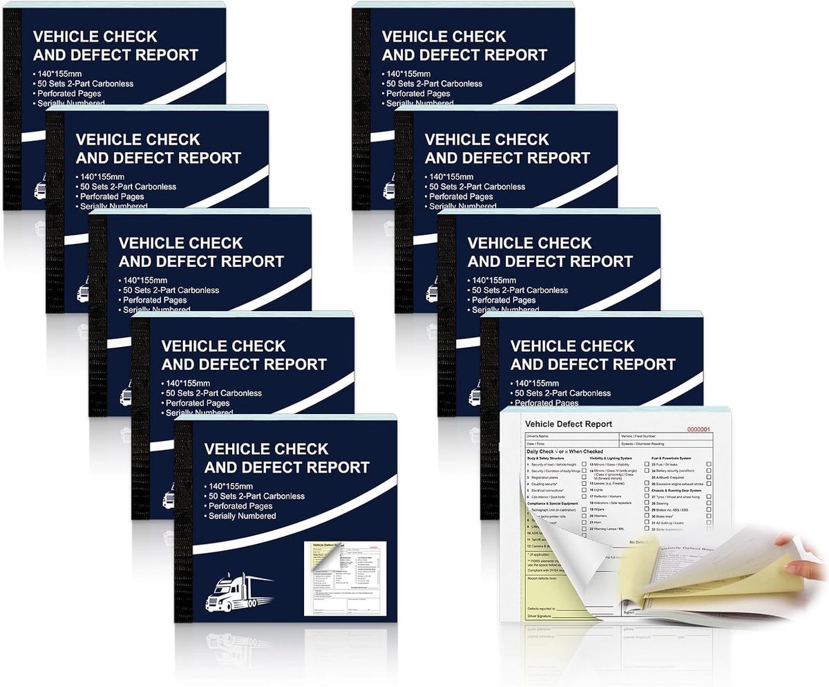 10 Pack Voertuig Check en Defect Report Boeken 2 Deel 50 Sets Carbonless Dubbele Pagina's Continue nummering Auto Service Boekje voor HGV LGV PCV Trucks Van Vrachtwagens 250gsm Papier Cover 140 x