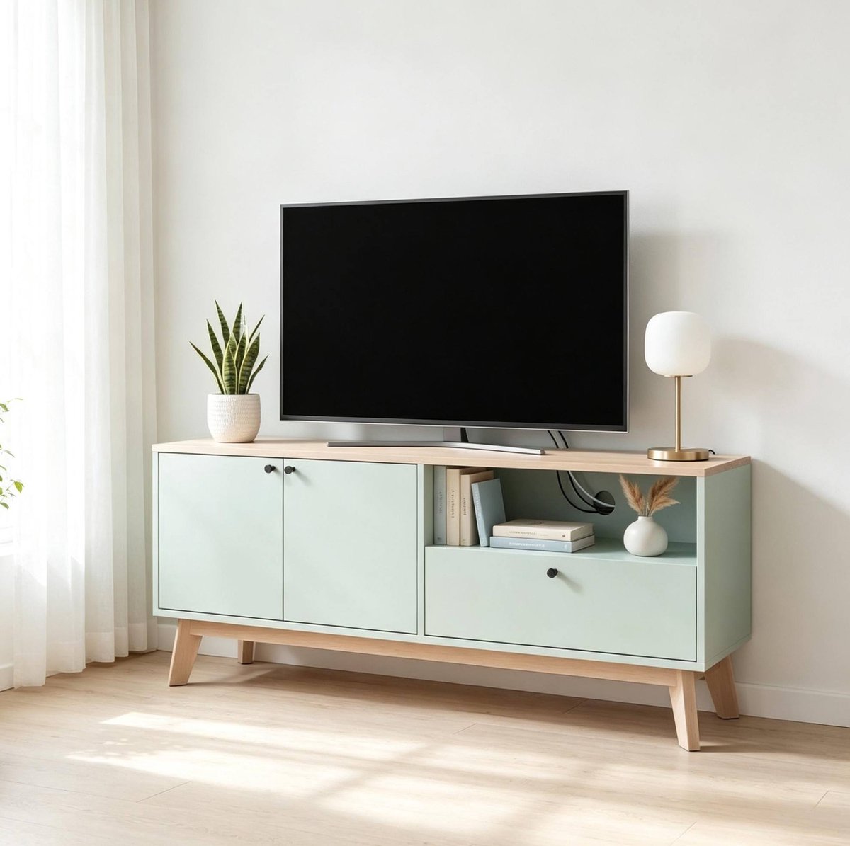 MODFU TV-Meubel - 2 Deuren En Lade - Open Vak - MDF - Lichtgroen - 120 Cm