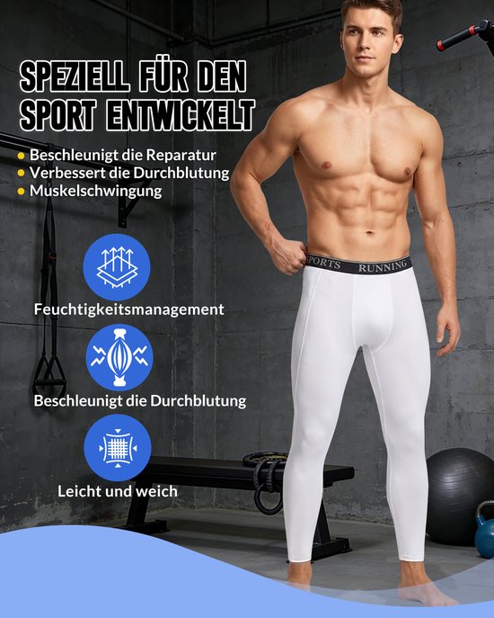 Man met gespierde torso draagt witte sportlegging, speciaal ontworpen voor sport met vochtmanagement.