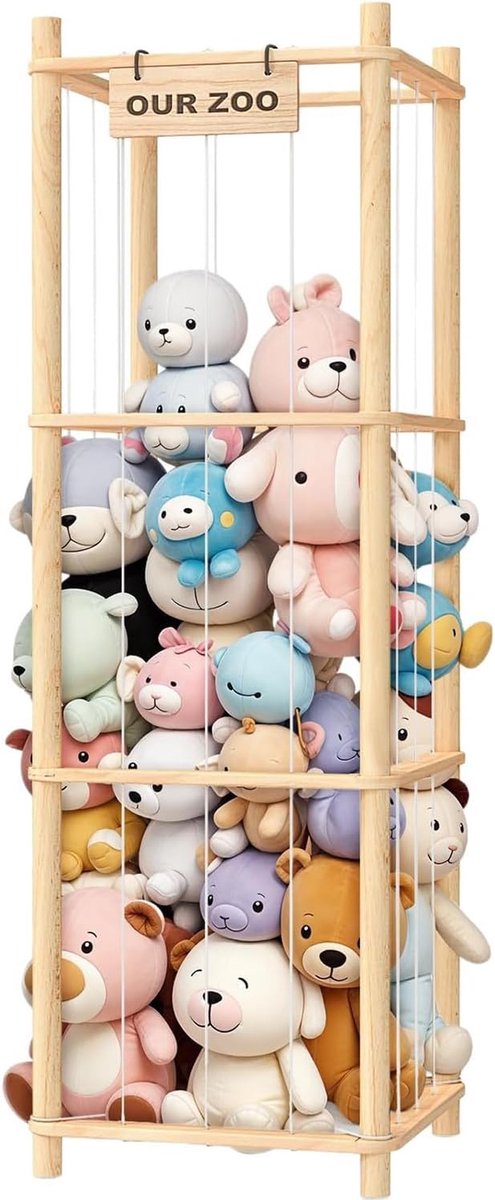 Plush houder grote capaciteit - ruimtebesparend - natuurlijk hout - ideaal voor kinderkamer - ShopVlot