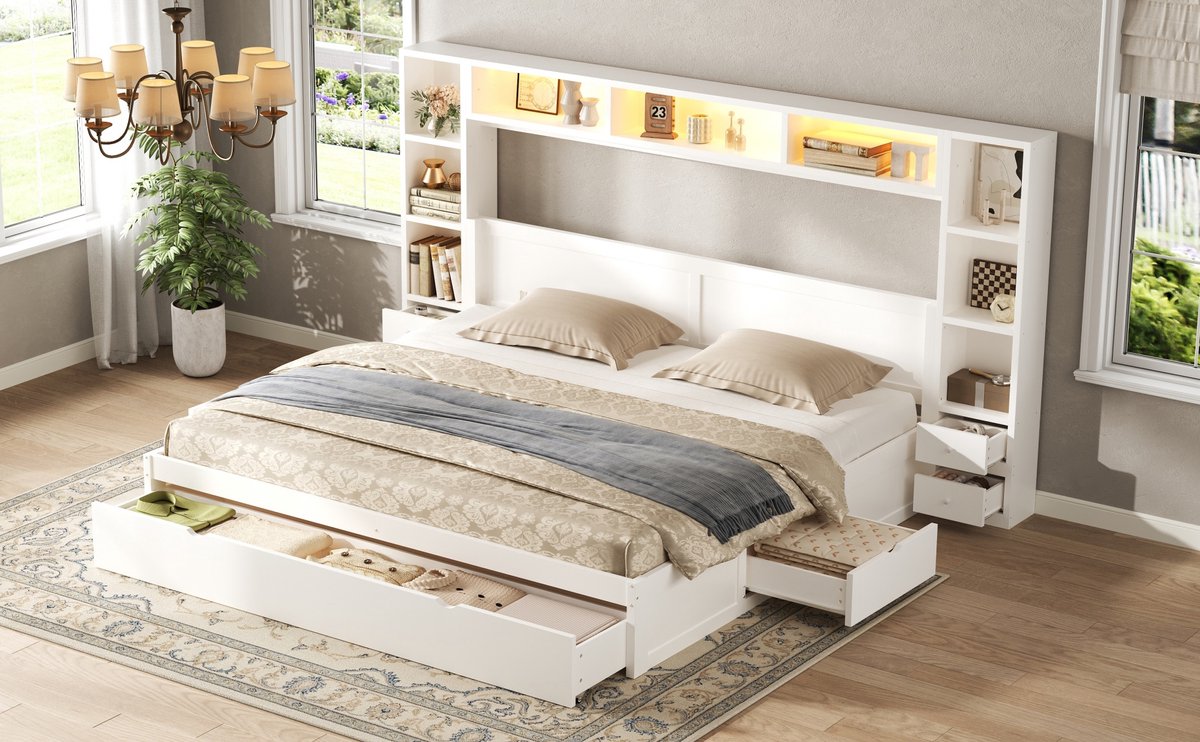 MODENUIT Bedframe – 180 x 200 cm – 7 Lades en Ledverlichting – MDF en Multiplex – Wit – Met Hoofd- en Voetbord