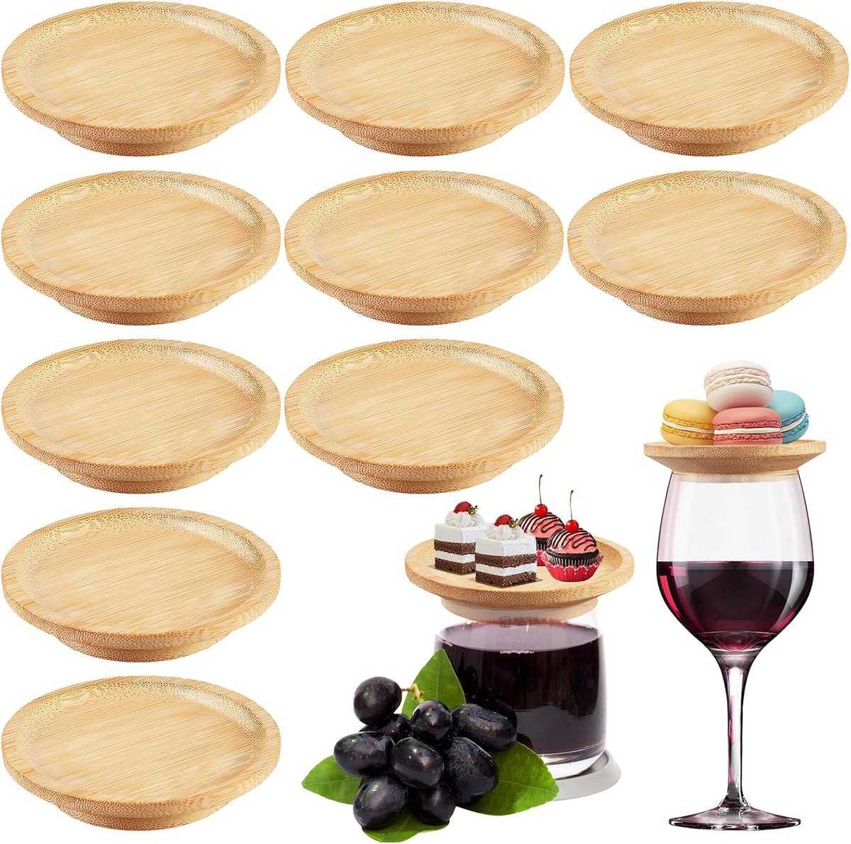 Wijnglas-toppers - 10 stuks houten charcuterie-topjes voor decoratieve nagerechten en hapjes - Ø 10 cm