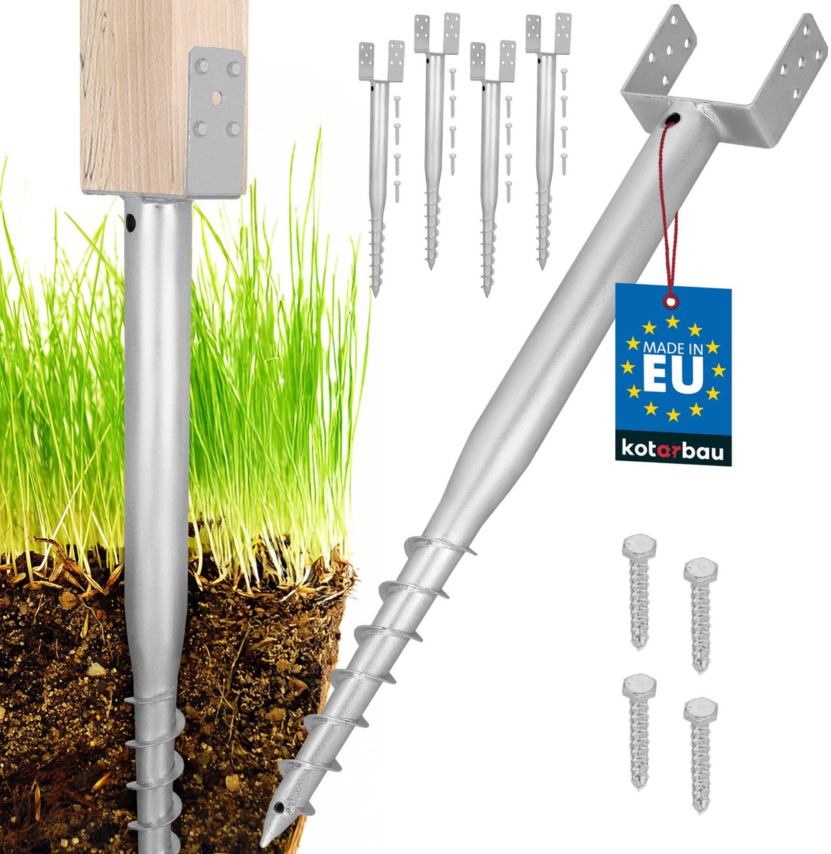 KOTARBAU® Paalhouder - Inschroefbare Paalhouder - Paalvoet 150 x 720 mm 4 st. Gegalvaniseerde Paalhouder - Paalsteun - Schroeffundering - Inschroefbare Paalhuls voor Schuttingpalen en Houten Balken