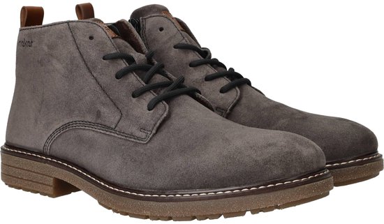Grijze suède Rieker veterboots met zwarte veters, bruine accenten en een bruine zool.