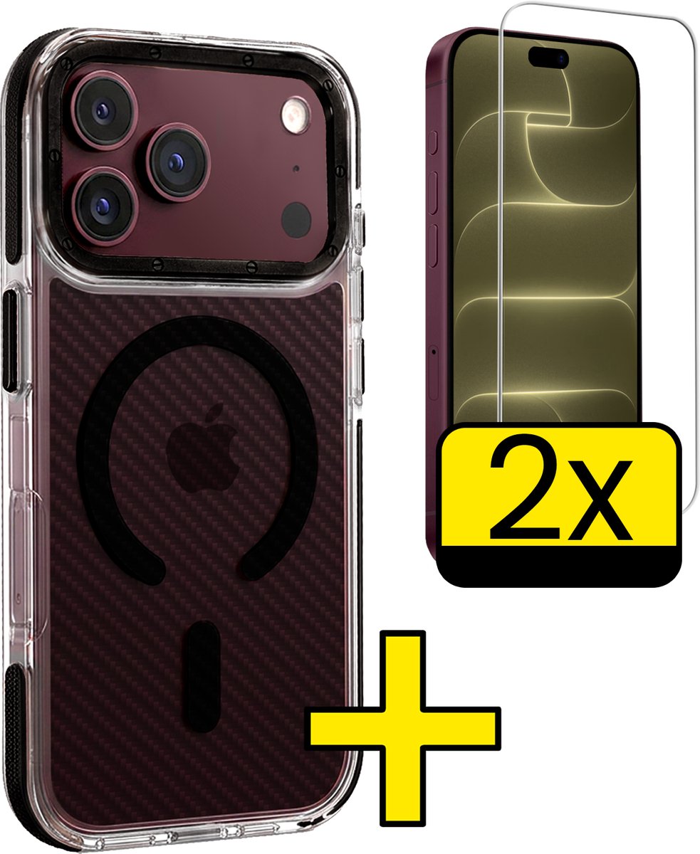 Hoesje - Met 2x Screenprotector - Geschikt voor Apple iPhone 18 Pro Max - Magsafe Compatible - Carbon Look - Sterk & Shockproof - Back Cover - Shock Proof Case - Telefoon Hoes - Telefoonhoesjes - Zwart