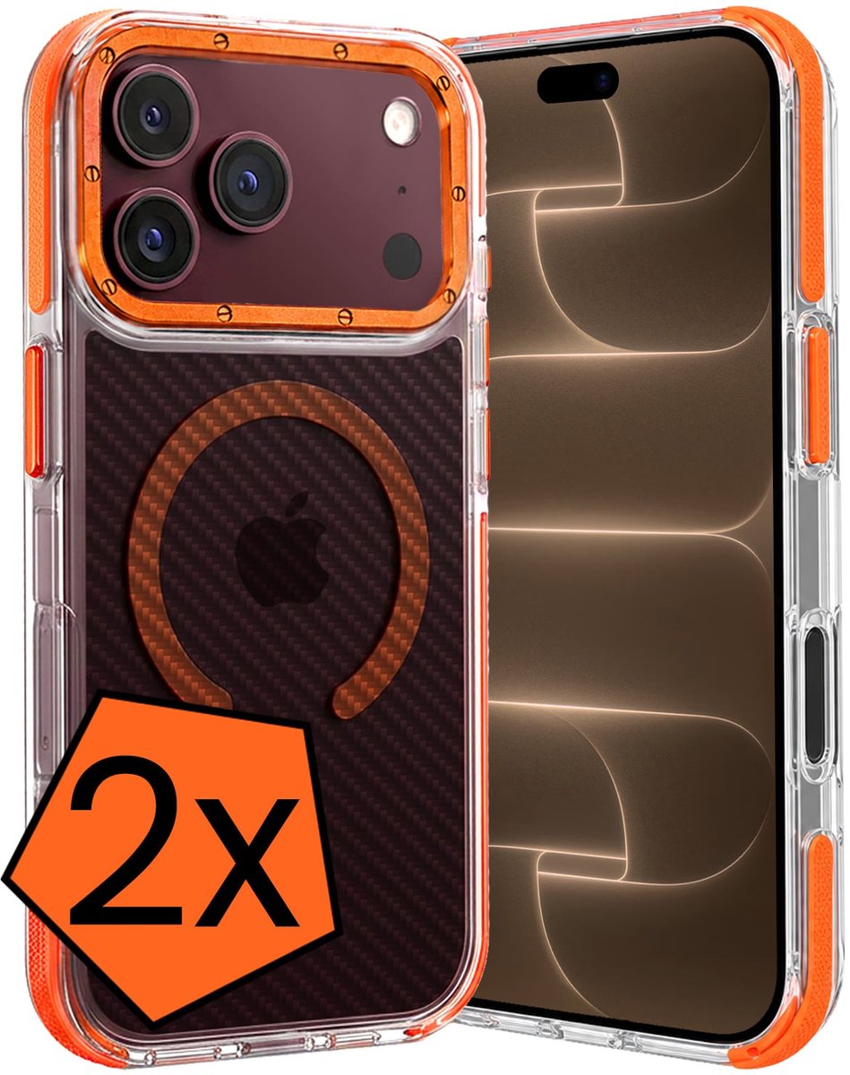 Hoes - 2 Stuks - Geschikt voor Apple iPhone 18 Pro Max - Magsafe Compatible - Carbon Look - Sterk & Shockproof - Back Cover - Shock Proof Case - Telefoon Hoes - Oranje