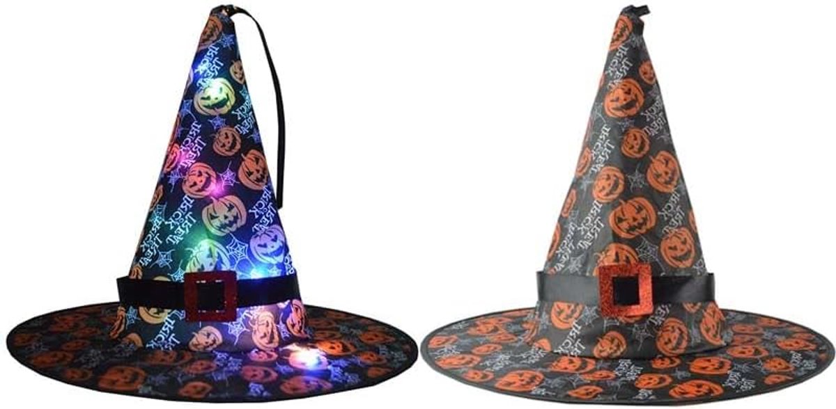 Witch Hat Halloween With LED Lights - Black/Pumpkin - Fancy Dress Accessory, Black - ShopVlot