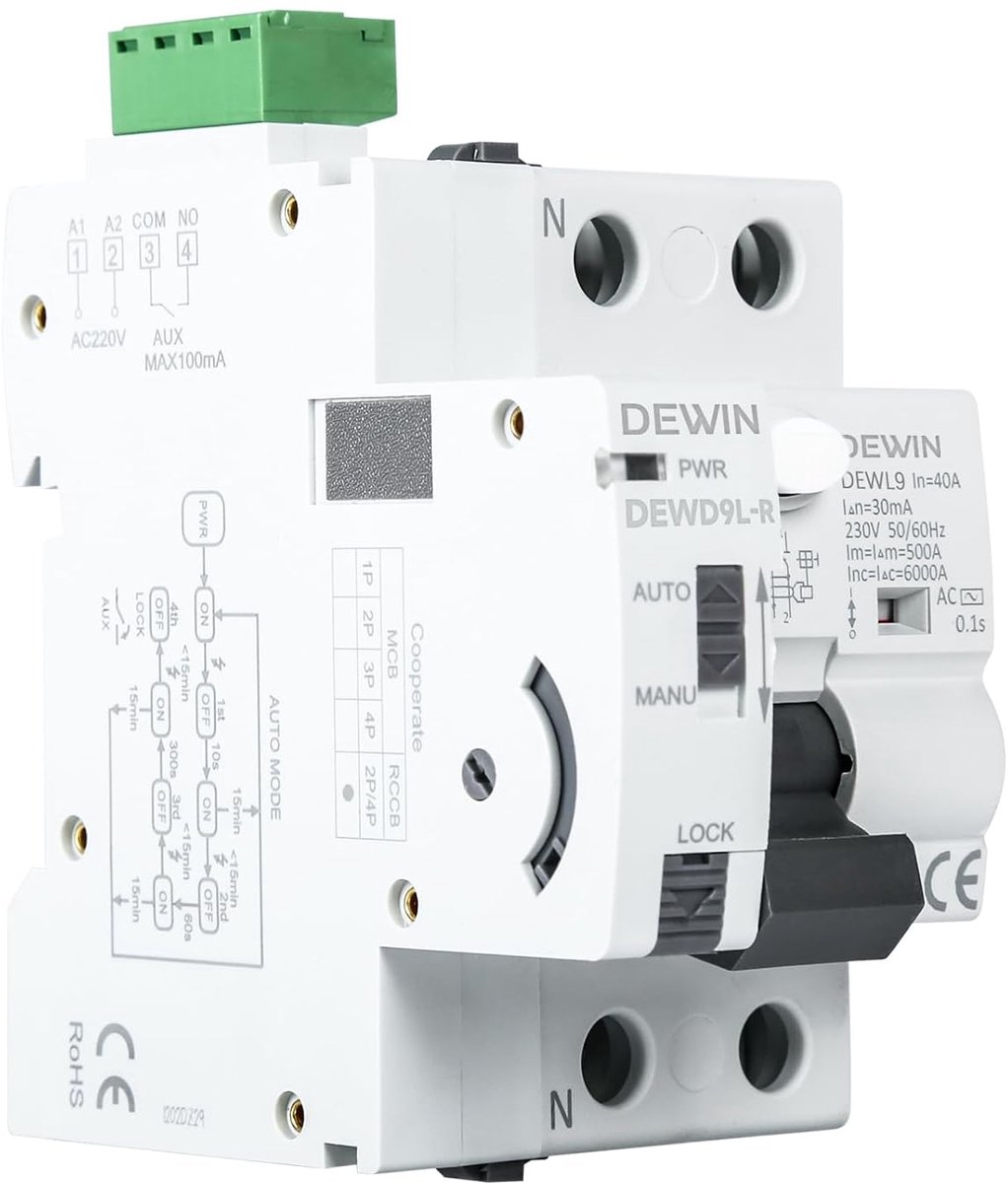 DEWIN 2P 40A 30mA AC 230V FI Circuit Breaker with Automatic Re-Switch,2 Pole Circuit Breaker MCB/RCCB Safety Switch - ShopVlot