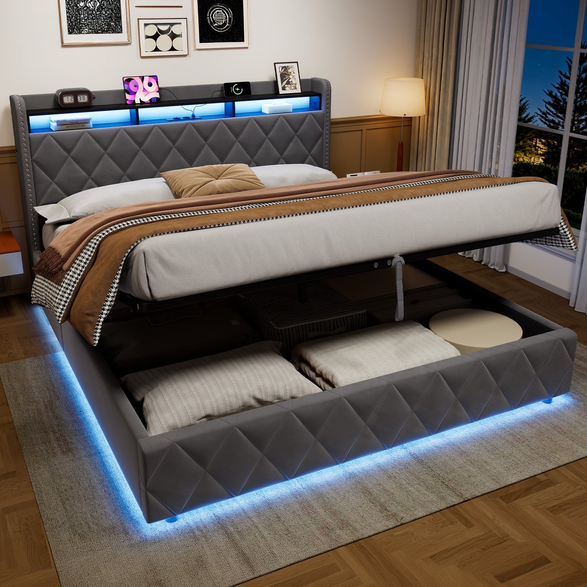 Wishdor Gestoffeerd Tweepersoonsbed 180x200cm met Opbergruimte - Grijs - Luxe Ruitpatroon Bed met LED Verlichting, USB, Kast & Lattenbodem