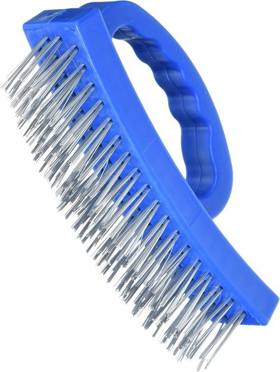Draadborstel met D-greep - 4-rijig met 25 mm borstels - gebogen voor hoeken, blauw