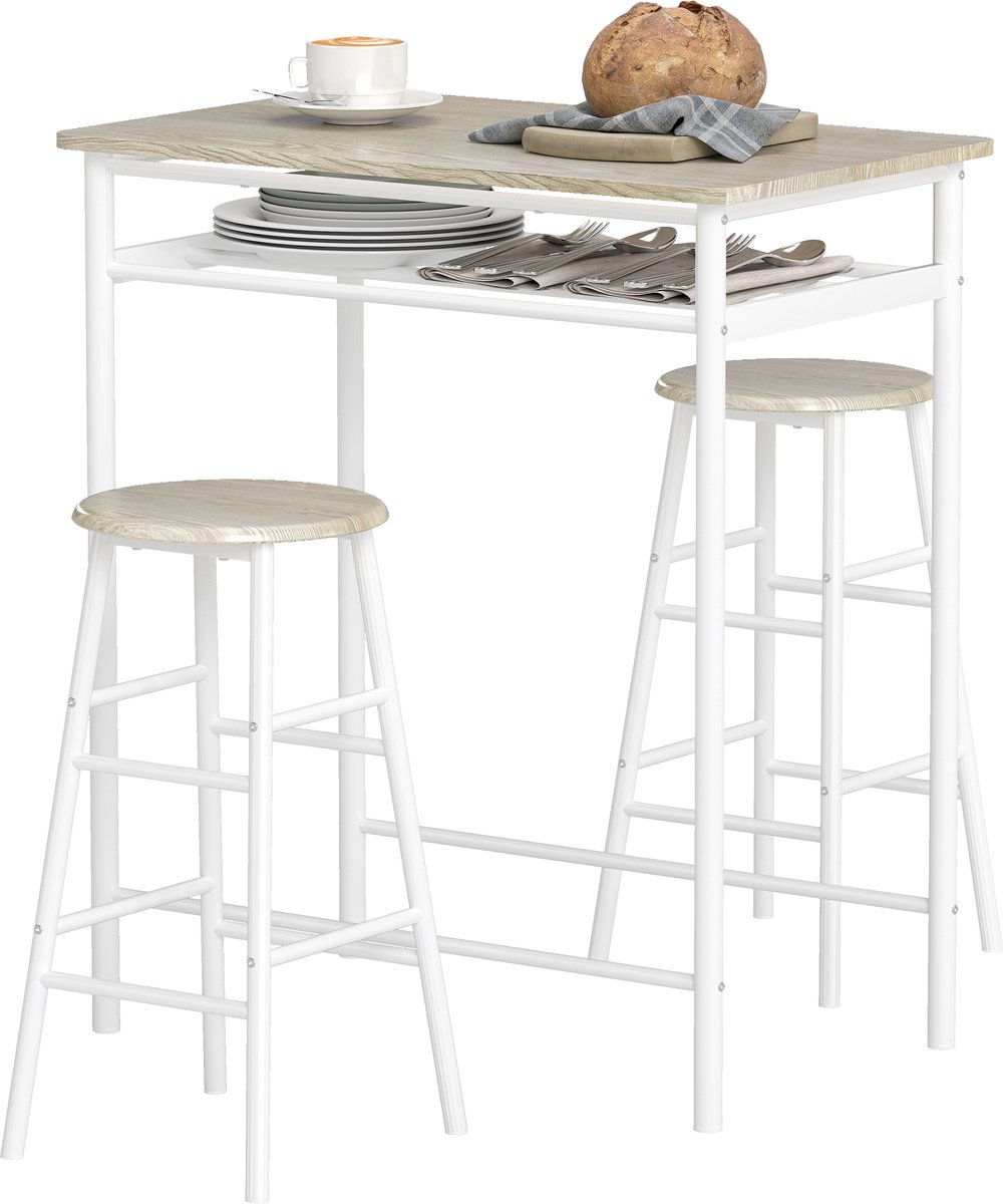 Ensemble table de bar avec tabourets - table à manger debout avec 2 chaises - étagère et pieds en métal - 80x50x90cm - blanc