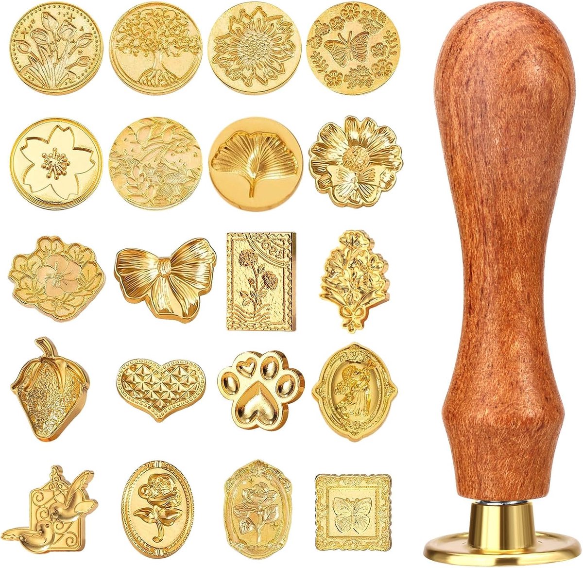 20 stuks metalen zegelkoppen, zegelstempel met houten handvat, zegelwasset voor doe-het-zelf, huwelijksuitnodigingen, enveloppen, brieven, kaarten, scrapbooking, decoratie