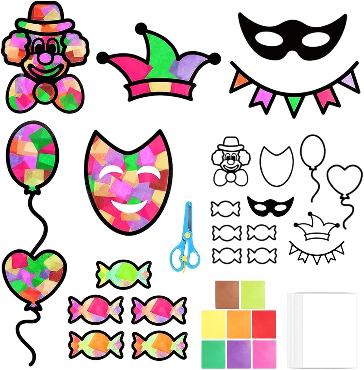 24 stuks raamafbeeldingen, carnaval, raamafbeeldingen, knutselen, carnaval, kinderen, clown, knutselset, raamstickers, circus, om te knutselen, raamafbeeldingen, kleurrijk, carnaval, feestdecoratie