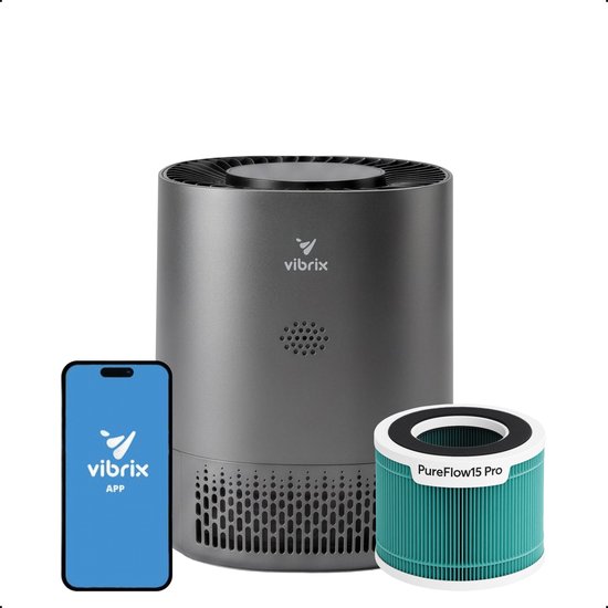 Vibrix PureFlow15 Pro Luchtreiniger / Air Purifier – HEPA + koolstoffilter – 100 m³/u – Voor kamers tot 15 m² – Ionisator – App-bediening – Zeer stil met slaapstand – Luchtkwalitei…