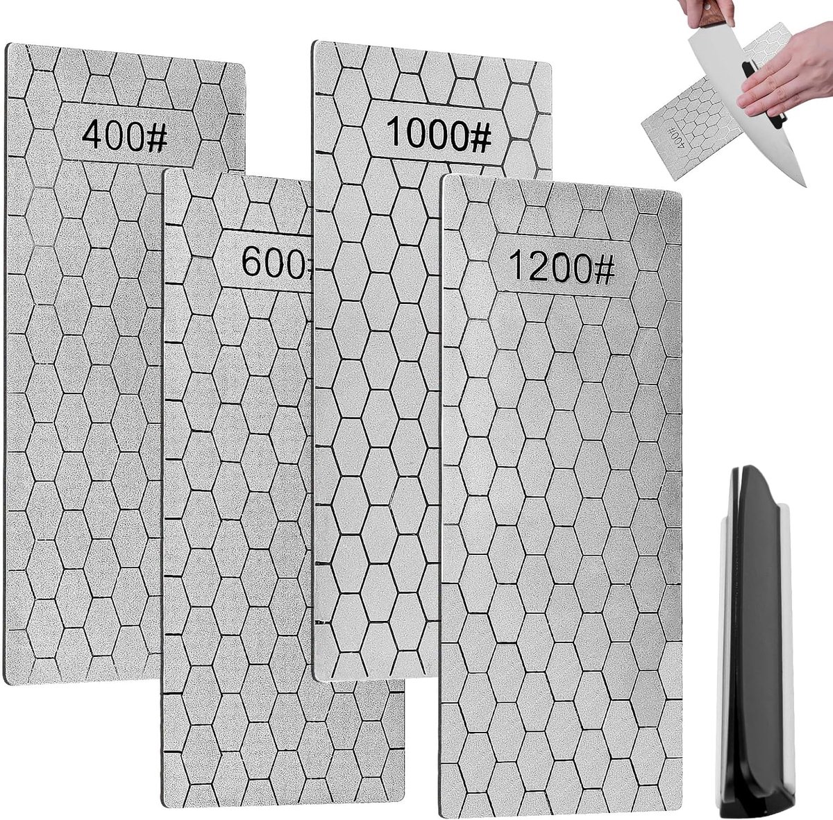 SnelShoppen - 4-delige Diamant Slijpstenen Set 400/600/1000/1200 Grit met Antislip Ondergrond voor Keuken- en Buitengebruik, Perfect voor Messen en Sc