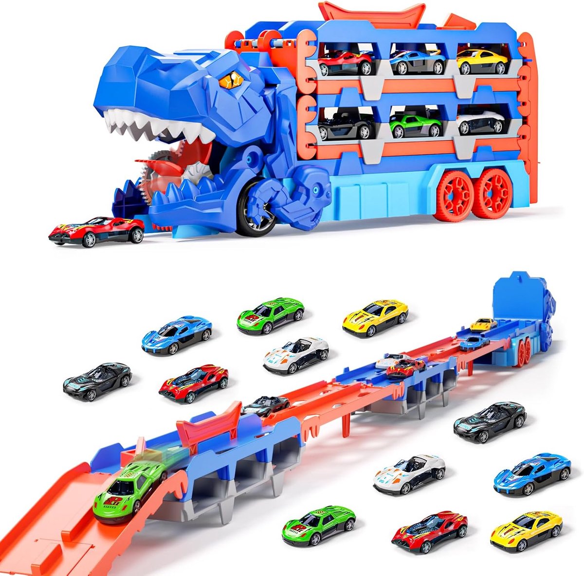 SnelShoppen - 2-in-1 Dinosaurusspeelgoed Auto voor Kinderen 3-8 Jaar, Transporttruck met 12 Mini Raceauto's en 155 CM Dinosaurusspeelbaan, Ideaal voor