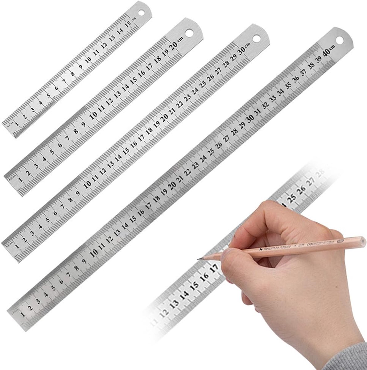 SnelShoppen - Ruler Set 4 Stuks RVS Liniaal, 15 cm, 20 cm, 30 cm, 40 cm, Dubbelzijdig, Precisie Metalen Meetlat voor School, Kantoor, Ambachten