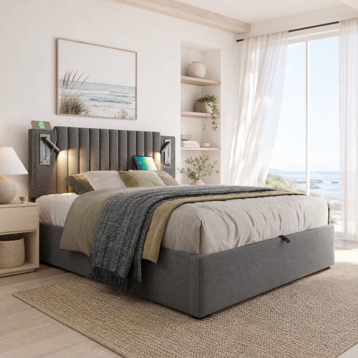 WUVRIE Tweepersoonsbed 180x200 cm met opbergruimte, leeslampen, USB-C en verstelbaar hoofdeinde, grijs