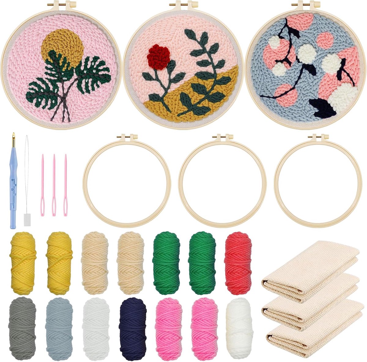 3 Set Punch Naald Borduurwerk Starter Kits, DIY Craft Kits met Bloem en Planten Patronen, Plastic Hoepel, Garen en Borduurwerk Handvat Pen