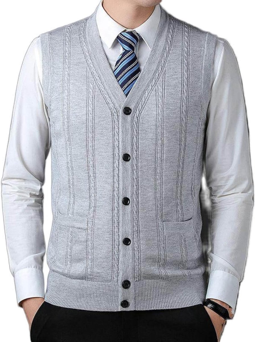 Vest Met V-Hals, Gebreid Vest Met Contrasterende Jacquard, Mouwloos Vest Met Contrasterend Jacquard, Zakelijk Casual Truivest, Herengebreid Vest, Vest Met Trui, Tanktops, Wit Grijs, S